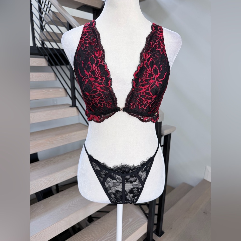 Lace Plunge Bralette & Lace Brief Set - Black with Red Floral Accents size S